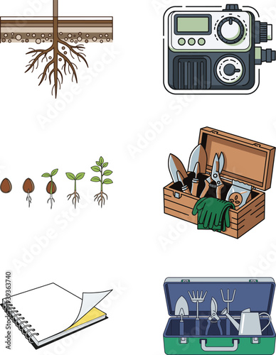 Set of 6 gardening tools and equipment icons vector