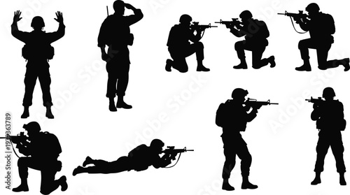 Soldier silhouettes in combat positions, military tactical poses vector illustration, armed forces training graphic, defense army silhouettes with rifles