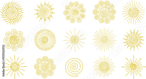 Stylized sun silhouette vector illustration, spiral rays circular motifs wavy flame patterns decorative isolated design for stock platform discoverability
