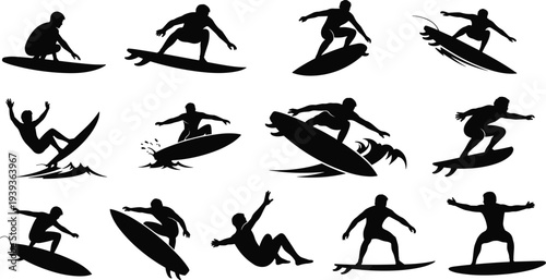 Surfer silhouettes riding waves, performing tricks, dynamic surfing poses collection, ocean sport vector illustration for active lifestyle and water adventure themes