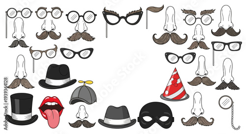 Collection of cartoon photo booth props including hats glasses mustaches and masks on white background for party fun