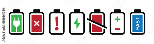 Battery Status Icons Set – Charging, Error, Warning, Fast Charging, Low Battery and Power Indicators for Device Energy UI Symbols