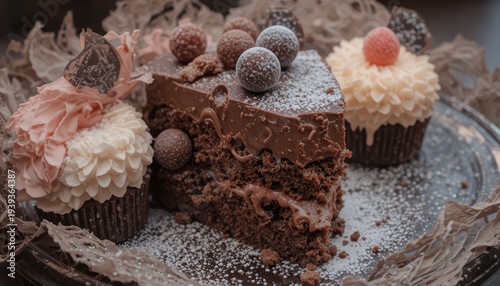 Decadent Chocolate Cake and Cupcakes with Decorative Toppings on a Plate Styled for Celebration