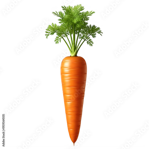 A fresh and vibrant orange carrot with green leafy tops standing upright