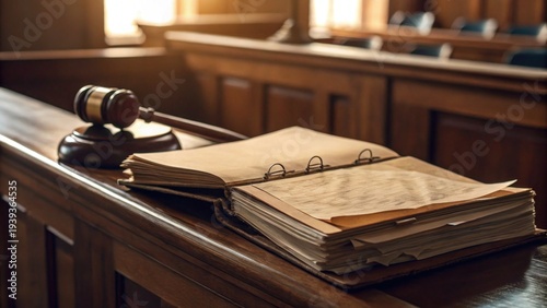 Courtroom Scene with Legal Documents and Gavel on Wooden Bench