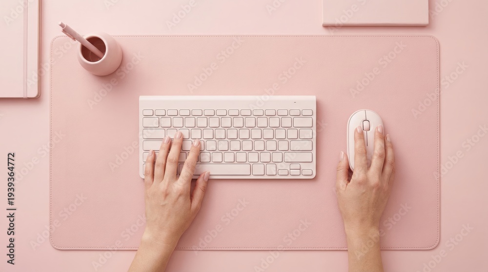 Obraz premium Female Hands Typing on Pink Keyboard with Wireless Mouse on Blush Desk Mat Overhead Minimalist Workspace