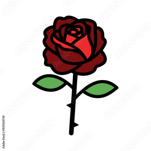 Red rose with stem and leaves illustration