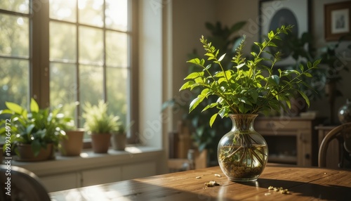 Bright Green Plant in Glass Vase on Wooden Table with Soft Sunlight in Cozy Indoor Setting