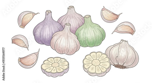 Garlic Bulbs and Cloves Illustration.