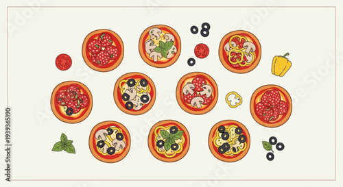 Assortment of Mini Pizzas with Various Toppings, Overhead View, Flat Lay Style