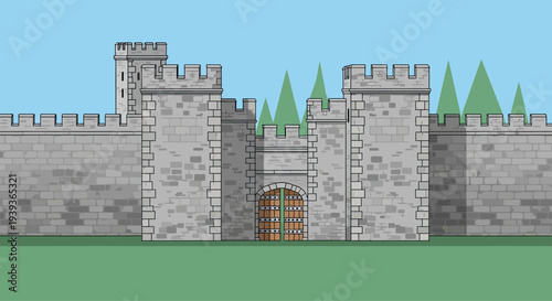 Medieval Castle Gatehouse with Wooden Doors and Battlements, Green Trees and Blue Sky