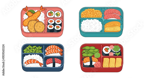 Japanese Bento Boxes Assortment: Sushi, Tempura, Rice, Edamame, Salmon, Tamagoyaki