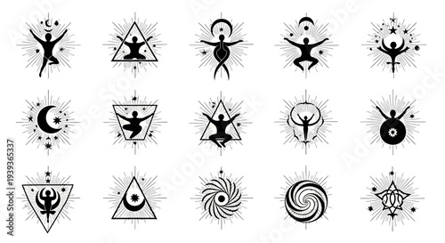 Mystical Symbols: Cosmic Figures, Celestial Orbs, and Geometric Sacred Geometry