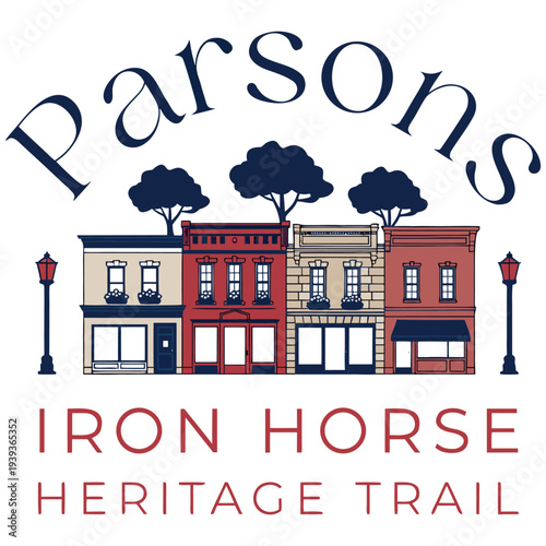 Parsons Iron Horse Heritage Trail Downtown Buildings Illustration with Street Lamps