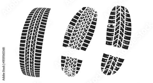 Tire Tracks and Footprints: Automotive and Walking Impressions on White Background
