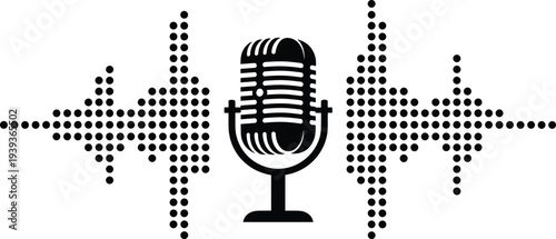 Black silhouette of a vintage microphone with dotted audio waveform for podcasting radio broadcasting recording studio and digital sound editing