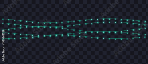 Sparkling aqua blue glowing string lights arranged in gentle wavy lines on a dark