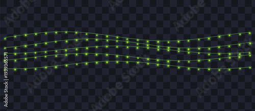 Sparkling green fairy light strings gently curve across a dark transparent night sky