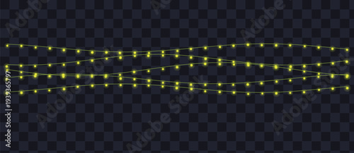 Strings of festive bright yellow lights illuminate a dark, ready for celebration