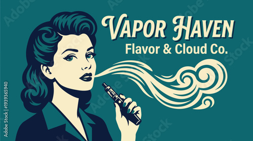 This vintage advertisement showcases a stylish woman using a vape device, emphasizing the culture and aesthetics of vaping in a charming retro style, perfect for cannabis-related themes.