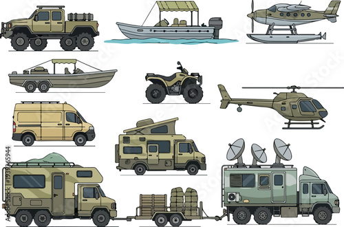 Military vehicles and aircraft on land and sea, showcasing various modes of transportation and equipment in a digital illustration from a top-down viewpoint