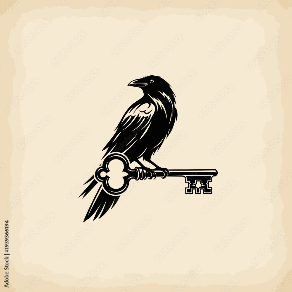 Fototapeta premium Black Raven Perched on an Ornate Skeleton Key.