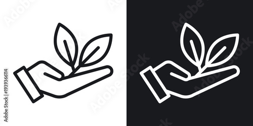 Leaf in hand icon set in black and white stroke lines