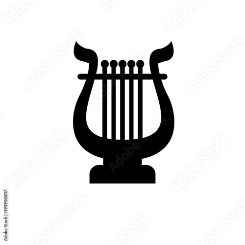Black Lyre Musical Instrument Icon on White Background, Ancient Greek Harp Symbol Vector Graphic