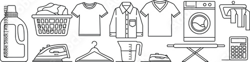 Laundry line icons set, washing machine detergent iron clothes basket hanger ironing board shirt calculator outline collection vector