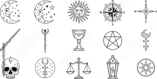 mystic occult magic symbols line icons set, moon sun compass pentagram skull wand tarot witchcraft spiritual vector illustration