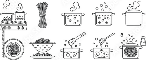 Pasta cooking process line icons set, boiling spaghetti pot colander plate recipe kitchen preparation outline collection vector