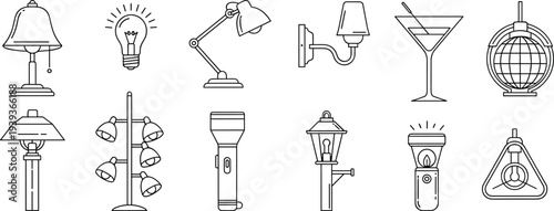 Lighting, lamp, icons, set, including, desk, lamp, bulb, streetlight, lantern, flashlight, wall, lamp, modern, lighting, equipment, illumination, collection, illustration