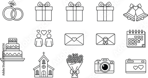wedding and love celebration line icons set, marriage symbols collection, engagement rings gift cake church camera vector outline illustration