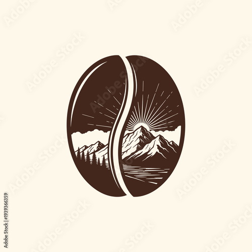 Coffee Bean Mountain Landscape Sunrise Logo Design.
