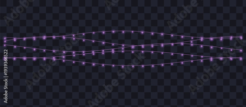 Three elegant purple string lights with tiny illuminated bulbs beautifully adorn a dark checkered backdrop