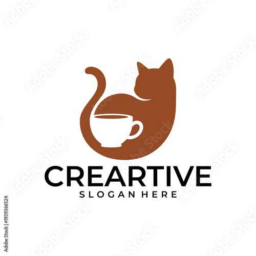Creative Cat Coffee Logo Design with Minimalist Brown Feline Silhouette and White Teacup.
