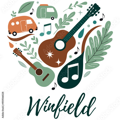 Winfield Music Festival Concept with Acoustic Guitar Mandolin and Vintage Campers