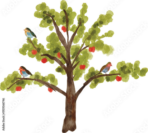 hand painted apple tree with birds design vector illustration 