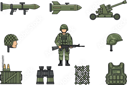 Military equipment and soldier set against a plain background, featuring various weaponry and tactical gear.