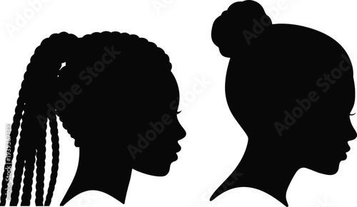 Black Silhouette Profiles Of Two Women With Different Hairstyles On White Background woman female