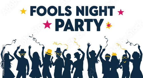 People celebrating fools night party with colorful stars and streamers