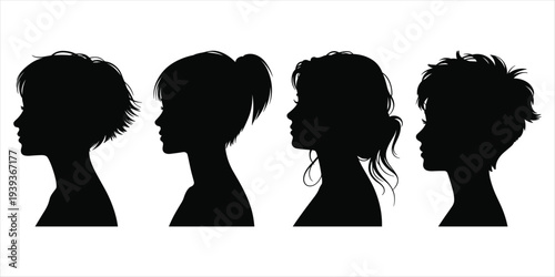 Black Silhouettes of Four Women's Heads Showing Different Hairstyles woman profile