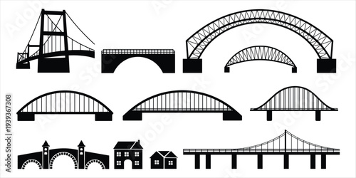 Assortment of Black Silhouette Icons Representing Different Types of Bridges and Small Houses Keywords: bridge, silhouette, icon