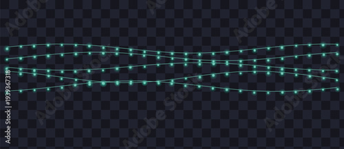 Three elegant wavy strings of small teal glowing lights illuminate a dark transparent checkerboard pattern