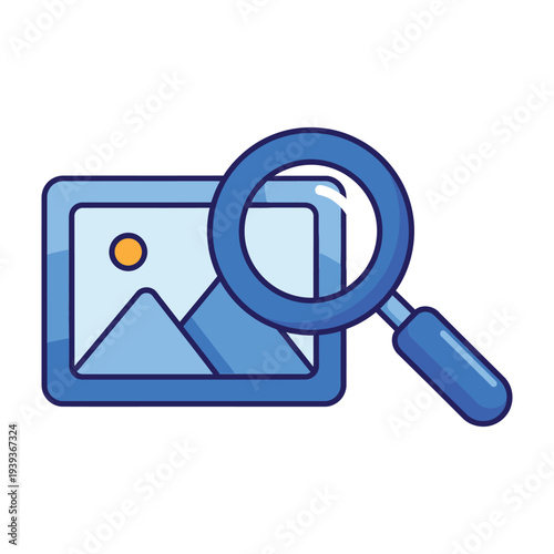 Magnifying glass closely examining a rectangular photograph with mountains and a sun in a serene outdoor setting emphasizing curiosity and focus