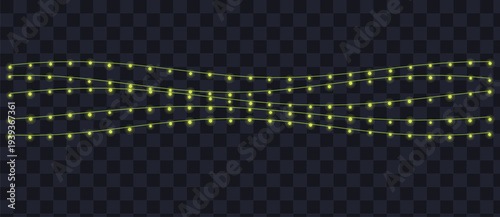 Three elegant wavy strings of small yellow glowing lights illuminate a dark transparent checkerboard pattern
