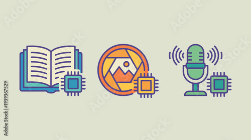A set of illustrative icons representing multimedia concepts such as reading, photography, and audio, ideal for showcasing technological advancements in creative content.