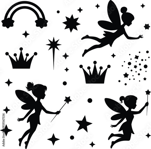 Collection of Fairy Silhouettes, Crowns, Stars, and Rainbow Elements fairies magic