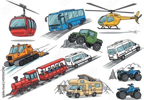 Various vehicles including trains, buses, and helicopters travel through mountains and landscapes, illustrated from an aerial viewpoint.