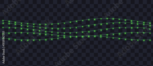 Three gently waving strings of bright green glowing fairy lights adorn a transparent dark setting